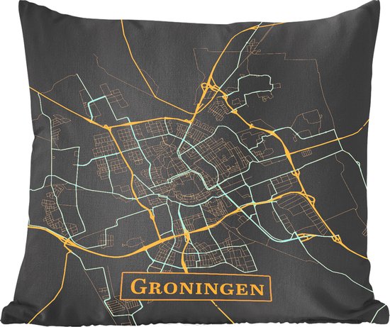 Sierkussens - Kussentjes Woonkamer - 40x40 cm - Kaart - Groningen - Goud - Zwart