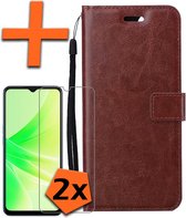 Hoesje Geschikt voor OPPO A17 Hoes Bookcase Flipcase Book Cover Met 2x Screenprotector - Hoes Geschikt voor OPPO A17 Hoesje Book Case - Bruin