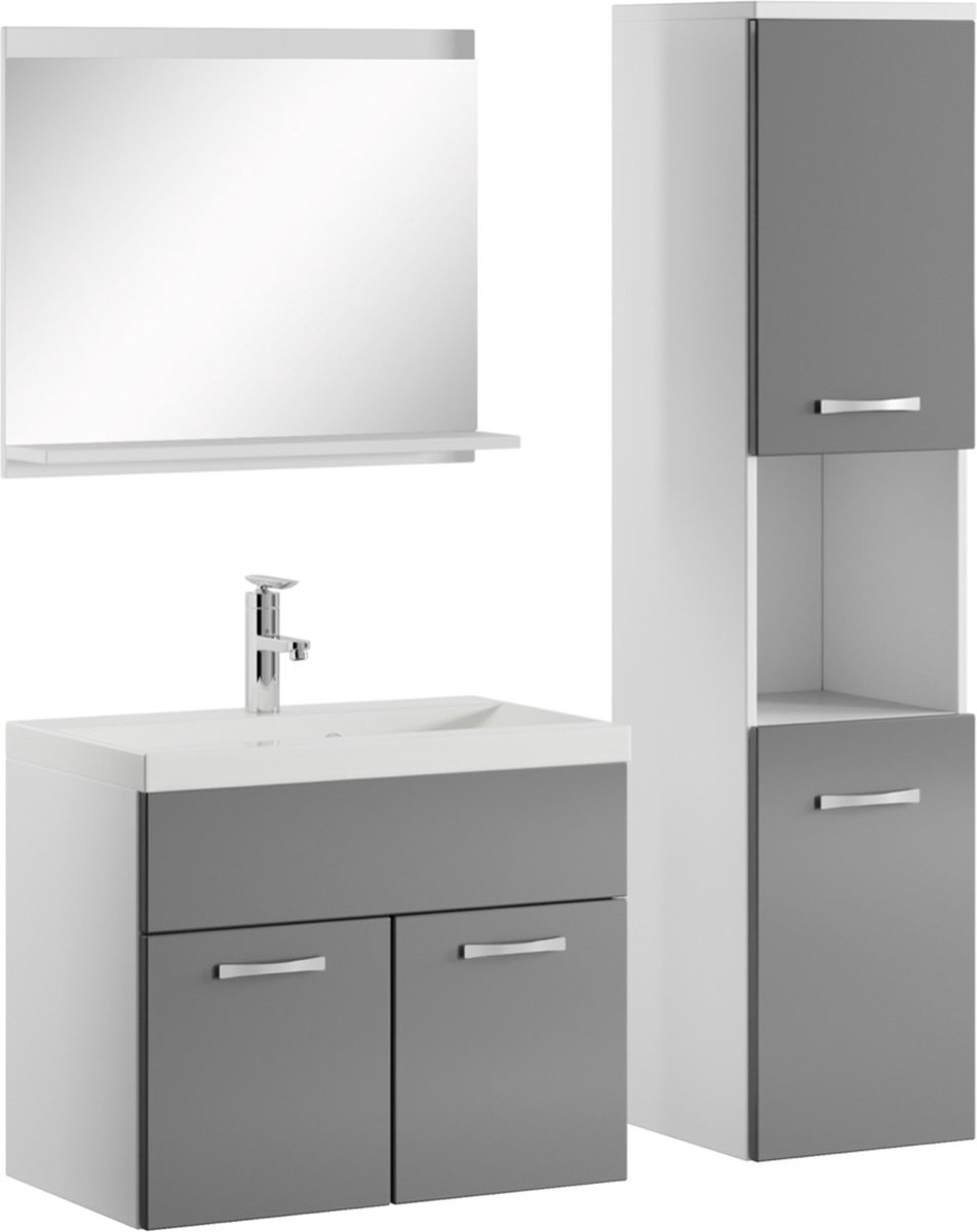 Badplaats Badkamermeubel Set Montreal 60 cm x 35 cm - Grijs Hoogglans - Badmeubel met spiegel en zijkast