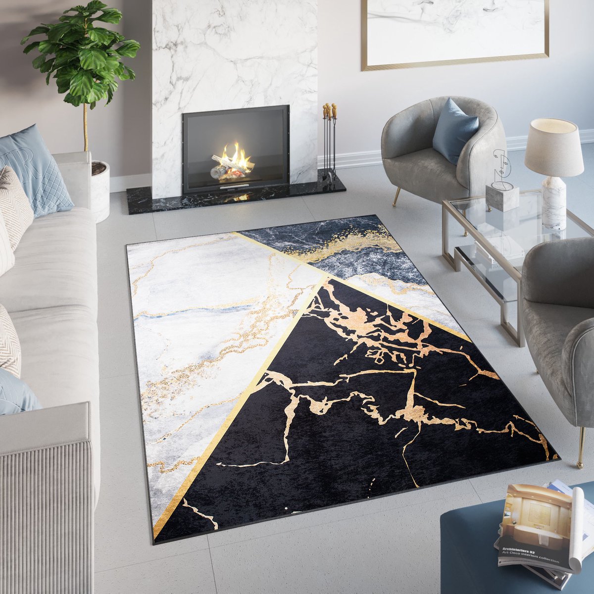 Tapiso Toscana Vloerkleed Grijs Gouden Marmer Modern Tapijt Maat- 140x200