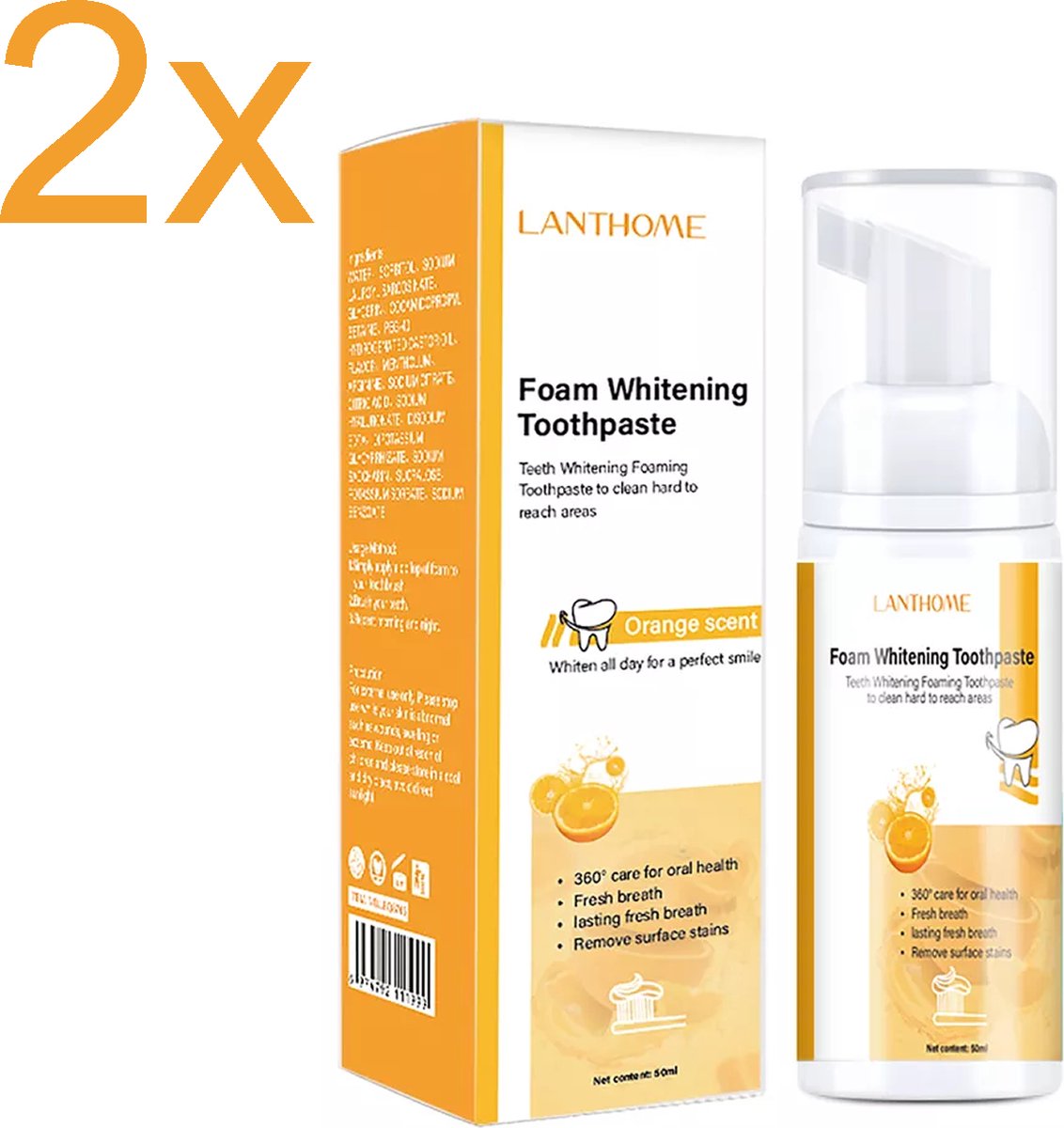 2x Lanthome - Whitening Schuim Tandpasta - Sinas/Orange - 2 in 1 - 100 ml - DUO DEAL!