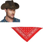 Boland - Cowboy verkleed set Cowboyhoed bruin met rode western zakdoek