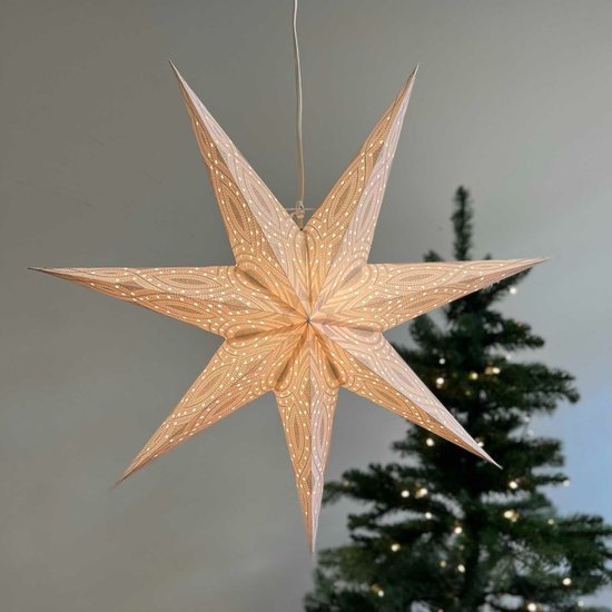 Foto: Kerstster papier met verlichting 60 cm diameter 24 cm diep kerst ster voor binnen nova wit zilver glitter fsc papier incl 3 m snoer met stekker schakelaar en e14 fitting kerst raam decoratie kerstversiering kerstverlichting