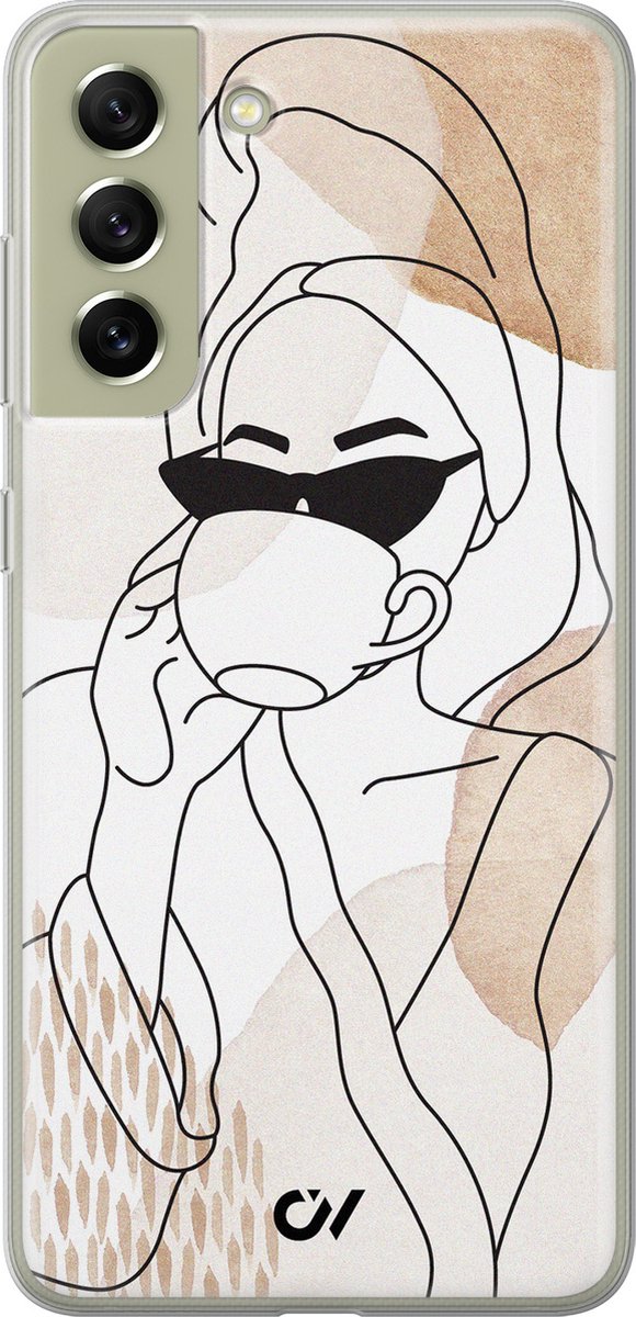 Samsung S21 FE hoesje - Line Art Girl - Geometrisch patroon - Beige - Soft Case Telefoonhoesje - TPU Back Cover - Casevibes
