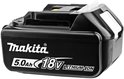 Zwarte Makita 18V 5.0Ah Li-ion accu met witte ontgrendelingsknop en tekst.
