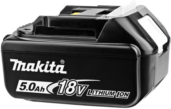 Zwarte Makita 18V 5.0Ah Li-ion accu met witte ontgrendelingsknop en tekst.