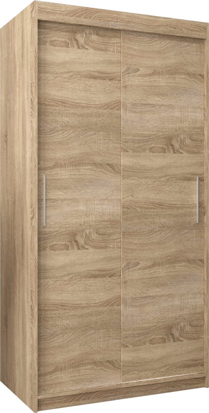 Kledingkast met twee schuifdeuren in Sonoma Eiken-look, met verticale handgrepen.