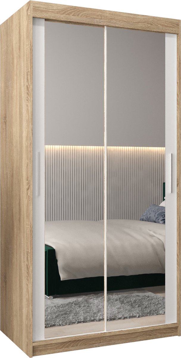 InspireME Kledingkast met 2 schuifdeuren, Modern-stijl, Kledingkast met planken (BxHxD): 100x200x62 - TORM III 100 Sonoma Eik + Wit Mat