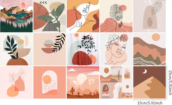 Ulticool Décoration carrelages Autocollant - Esthétique Rétro - 15x15 cm - 15 pièces Autocollants Film Adhésif Carrelage - Dos pour le Mur Salle de Bain - Cuisine Mur Cuisine - Carrelage Adhésif Auto Adhésif - Sticktiles