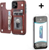 ShieldCase Wallet case geschikt voor Apple iPhone 12 / 12 Pro - 6.1 inch - bruin + glazen Screen Protector