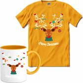 Merry christmas kerstballen gewei - T-Shirt met mok - Meisjes - Geel - Maat 12 jaar