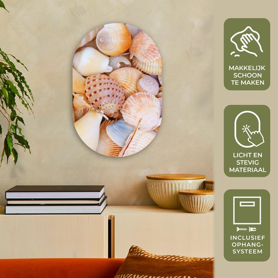 Ovale mural - Décoration murale en plastique - Tableau ovale - Coquillages - Plage - Été - Oranje - 40x60 cm - Forme miroir ovale sur plastique