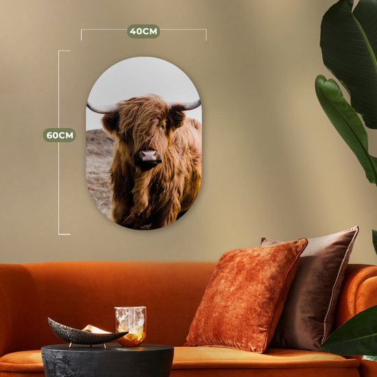 Ovale Mural - Ovale Mural - Décoration murale Plastique - Peinture Ovale - Highlander écossais - Paysage - Vache - Marron - Animaux - Nature - 40x60 cm - Forme miroir ovale sur plastique