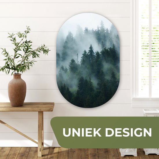 Wall Oval - Décoration murale Plastique - Peinture Ovale - Brouillard - Arbres - Forêt - 60x90 cm - Forme miroir ovale sur plastique