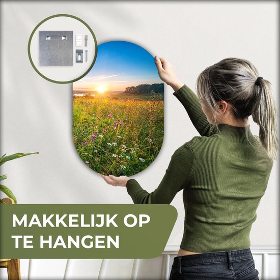 Ovale mural - Décoration murale en plastique - Tableau ovale - Soleil - Herbe - Fleurs - 40x60 cm - Forme miroir ovale sur plastique