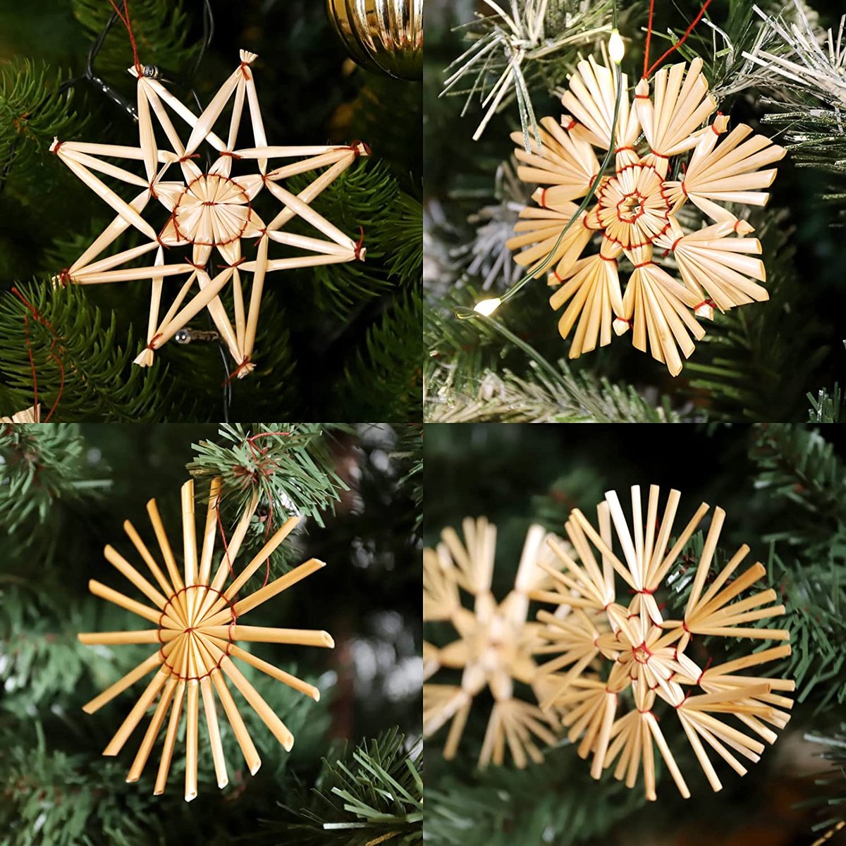 Strosterren kerstboom, 52 stuks kerstboomversiering, stro-hanger, strosterren, kerstboomversiering, strohanger, natuurlijke kerstboomhanger, kerstdecoratie