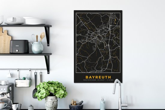 Tableau Peinture sur Toile Allemagne – Black and Gold et Or – Bayreuth – Plan de Ville – Carte – Plan d'Etage - 40x60 cm - Décoration murale