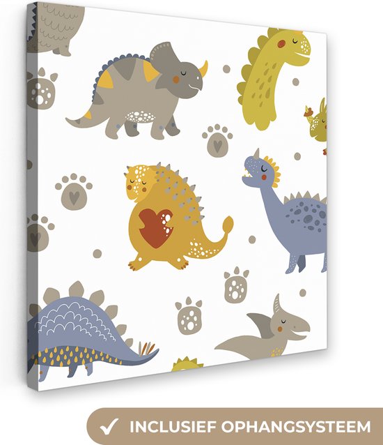 Canvasdoek enfants - Décoration murale chambres d'enfants - Dinosaurus - Garçons - Wit - Décoration murale - Tableau sur toile dino - 50x50 cm