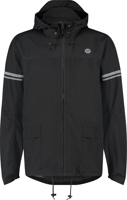 Veste de pluie AGU noire avec capuche, fermeture éclair, deux poches avant et bandes réfléchissantes sur les manches.
