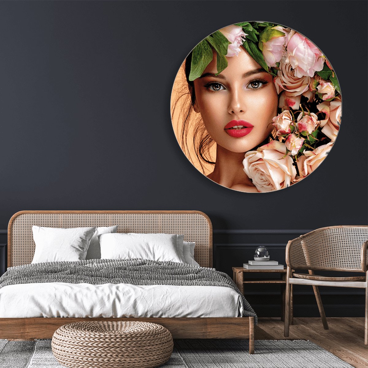 Wanddecoratie / Schilderij / Poster / Doek / Schilderstuk / Muurdecoratie / Fotokunst / Tafereel Beautiful girl with flowers (rond) gedrukt op Geborsteld aluminium