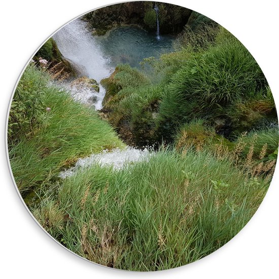 WallClassics - PVC Schuimplaat Muurcirkel - Waterval tussen Gras - 30x30 cm Foto op Muurcirkel (met ophangsysteem)