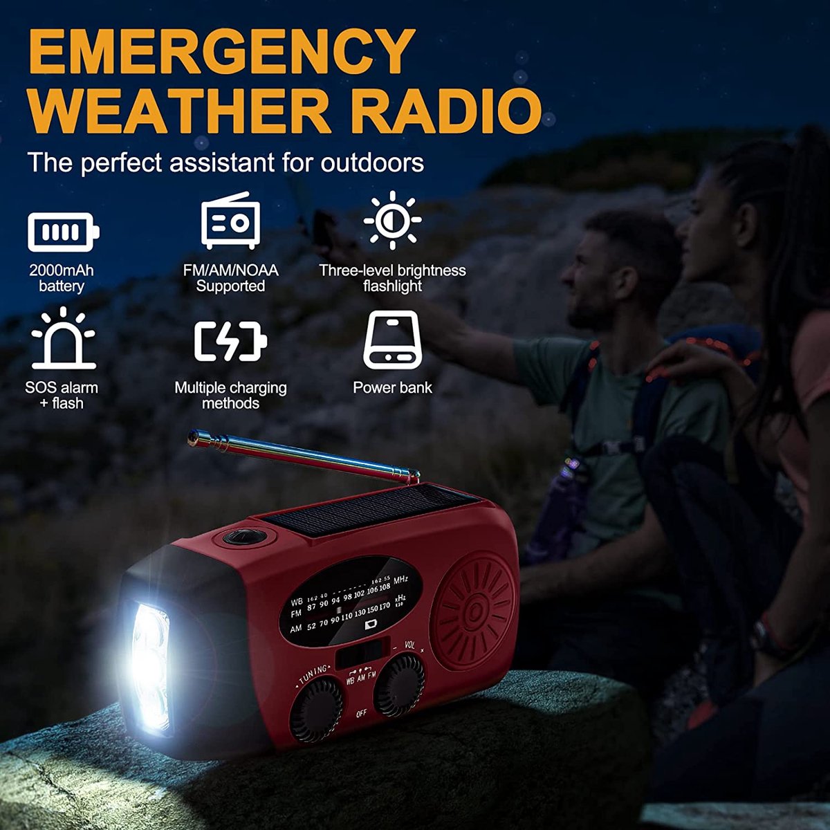 Radio d'urgence à manivelle, radio météo AM/FM à manivelle solaire, radio  de survie avec chargeur de téléphone portable, lampe de poche lumineuse  pour la maison et le camping en plein air, voyage 