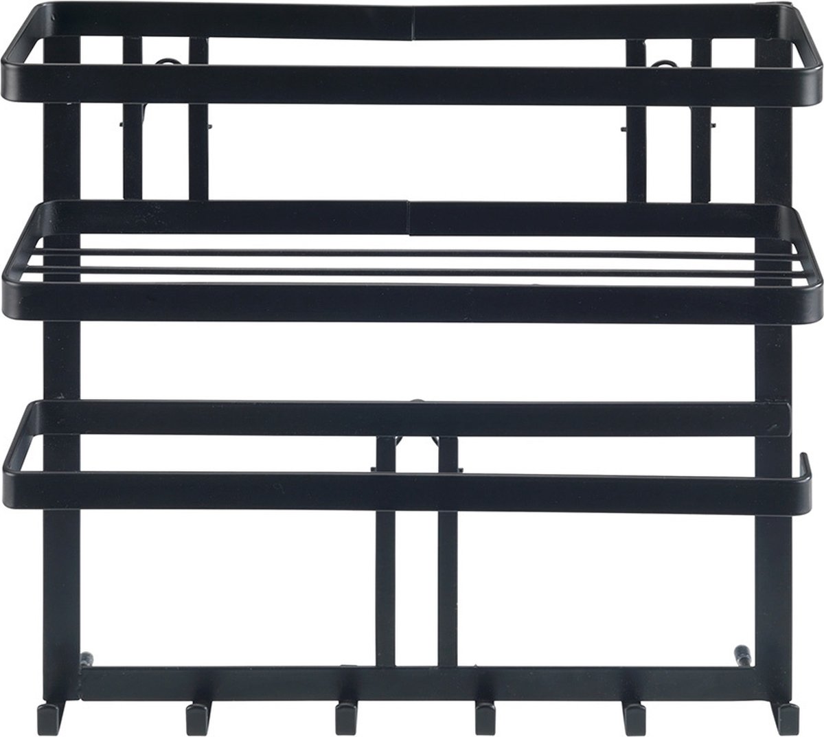 WENKO Keukenrek Gala met 6 haken en keukenrolhouder 30x33cm zwart staal - Wandrek keuken - Keukenorganizer wand
