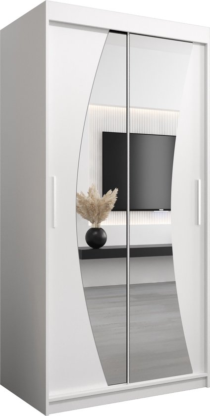 InspireMe - Kledingkast met 2 schuifdeuren, Modern-stijl, Een kledingkast met planken en een spiegel (BxHxD): 100x200x62 - KAHUNA 100 Wit Mat
