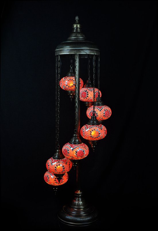 Turkse Lamp - Vloerlamp - Mozaïek Lamp - Marokkaanse Lamp - Oosters Lamp - ZENIQUE - Authentiek - Handgemaakt - Rood/ oranje - 7 bollen