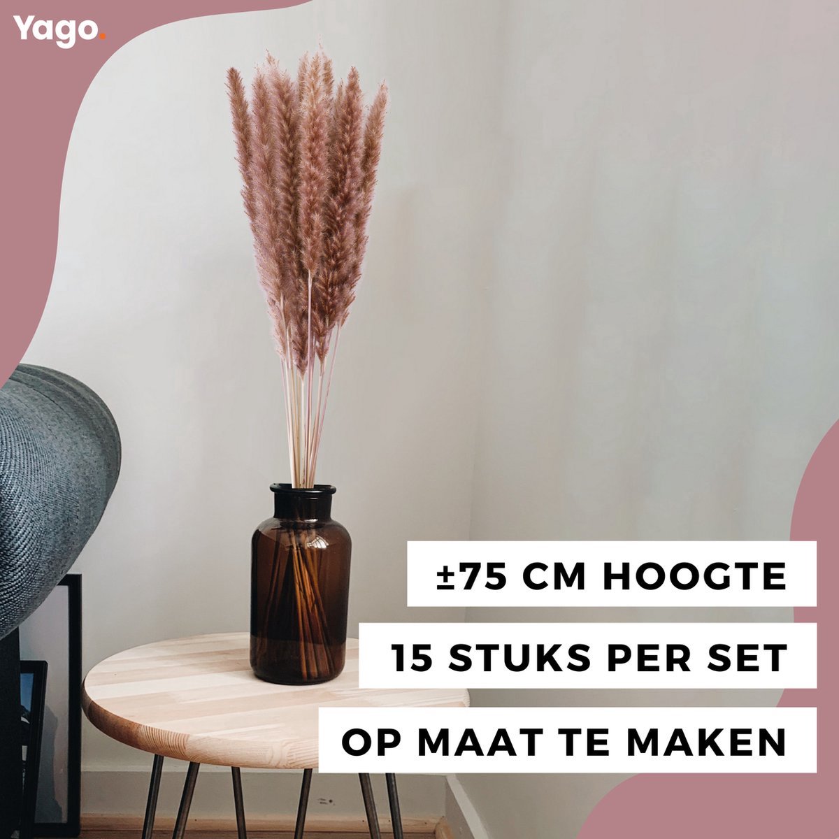 Yago Pampasgras Pluimen | 15 stuks | Droogbloemen | ±75cm | Interieur | Accessoires | Decoratie | Pluimen | Natuurlijk | Rietpluimen | Pampasgras | Boeket | Cortaderia | Gras | Pampas