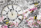 Fotobehang Birds Flowers Clock Vintage | XXL - 312cm x 219cm | 130g/m2 Vlies