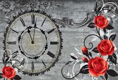 Fotobehang Roses Clock Wood Planks Vintage | XXL - 312cm x 219cm | 130g/m2 Vlies
