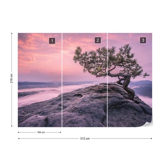 Papier peint Purple Sky Mountain Tree | VEXXL - 312 cm x 219 cm | Polaire 130gr / m2
