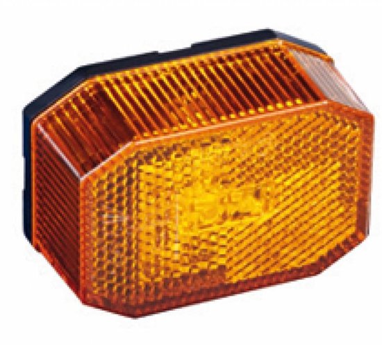 Octogonale oranje LED lamp met geribbeld oppervlak en zwarte behuizing.