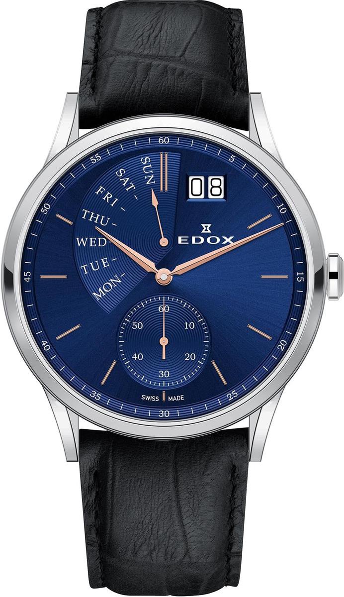 Edox 34500-3-BUIR quartz zwart - leder band 5 ATM