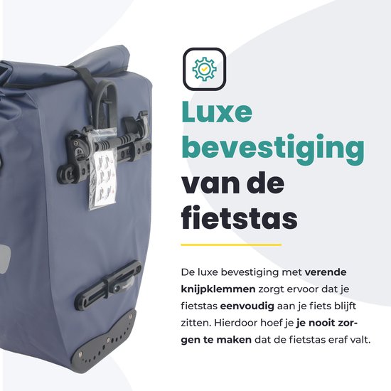 Close-up van de luxe bevestiging van een donkerblauwe Voltano fietstas met verende knijpklampen.