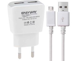 2-poorten 5V 2.4A hoge compatibiliteit USB snellader met micro USB-gegevens oplaadkabel, EU-stekker, voor Samsung / Huawei / Xiaomi / Meizu / LG / HTC en andere smartphones (wit)