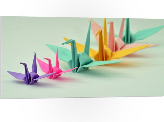 PVC Schuimplaat - Rij van Verschillende Grotes en Kleuren Origami Vogels op Lichtblauwe Achtergrond - 100x50 cm Foto op PVC Schuimplaat (Met Ophangsysteem)
