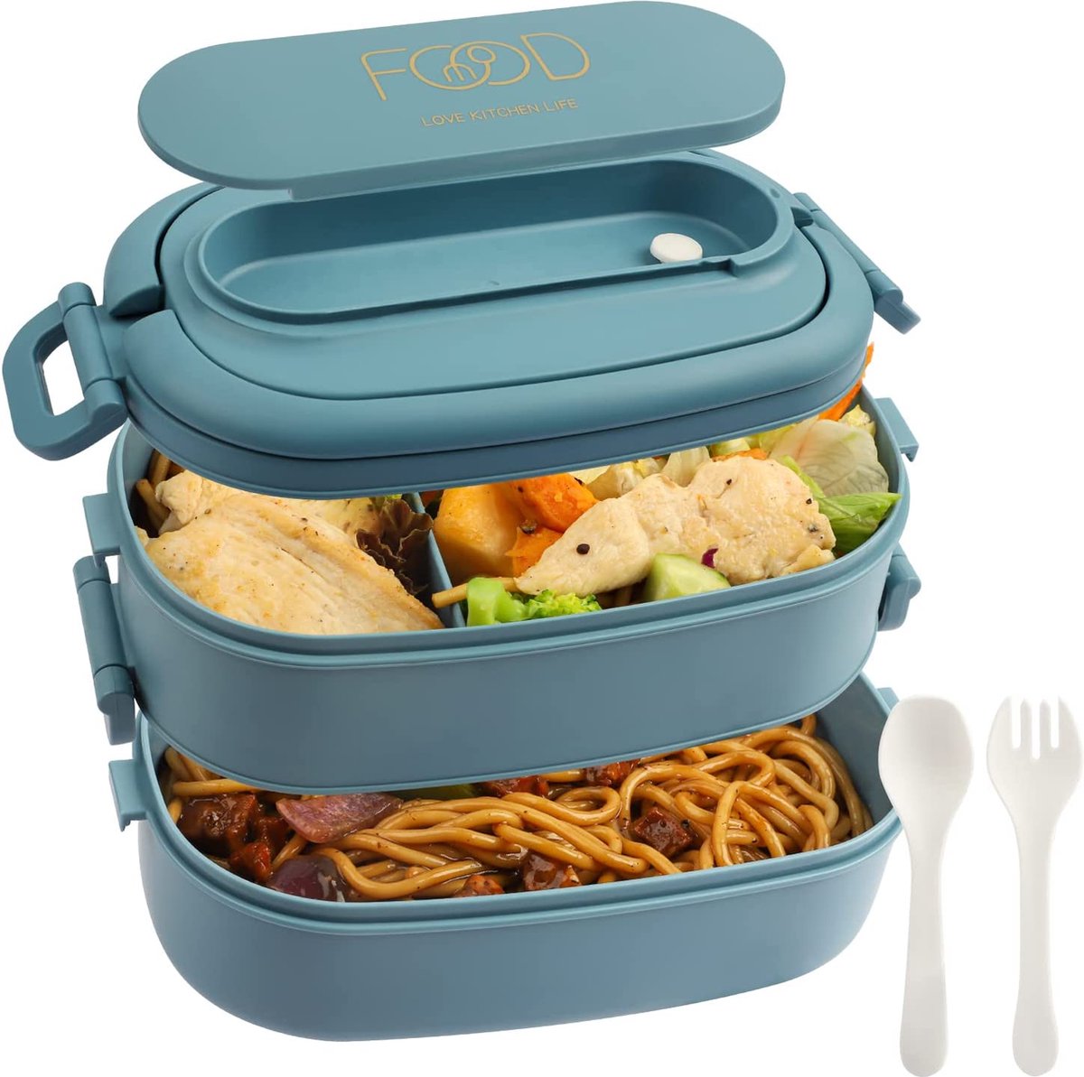 2-laags lunchbox: 1550ml lunchbox met 3 vakken - met bestek - plastic BPA-vrije lunchbox voor volwassenen en heren - lekvrije vakken bentobox magnetronbestendige verwarming