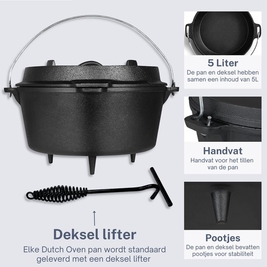 KitchenMonster® Dutch Oven Kookpan Gietijzeren Pan 25.5 Met Deksel 5 Liter Grillpan Braadpan Gietijzer Zwart 1141238610