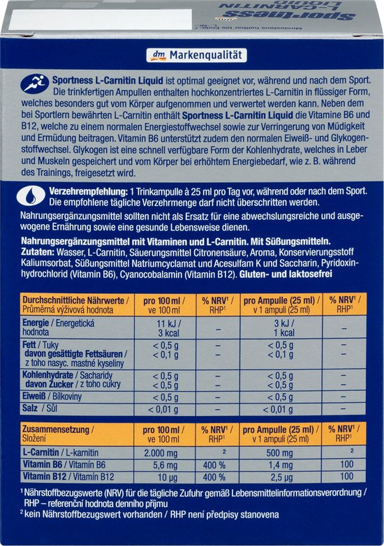 sportness l carnitin liquid dm Sportness L-Carnitin Liquid sinaasappel smaak - 7 stuks à 25 ml voor  verbeterde
