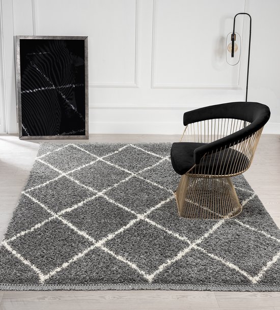 Tapis Salon Poils Longs Shaggy Design Scandinave Avec Motif Losanges,  Moderne Beige