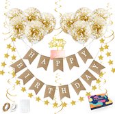 Fissaly Verjaardag Jute Slinger met Papieren Gouden Confetti Ballonnen – Decoratie – Happy Birthday - Letterslinger