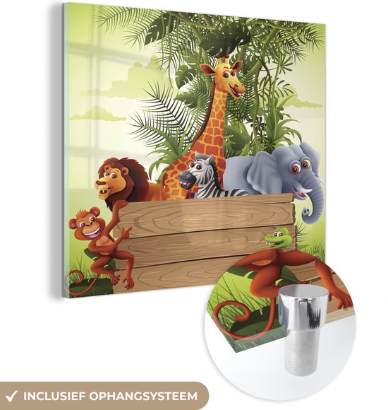 MuchoWow® Glasschilderij 50x50 cm - Schilderij acrylglas - Jungle dieren - Natuur - Planken - Kinderen - Giraffe - Foto op glas - Schilderijen