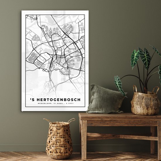 MuchoWow® Peinture sur verre 80x120 cm - Peinture sur verre acrylique - Carte - 's-Hertogenbosch - Zwart - Wit - Photo sur verre - Peintures