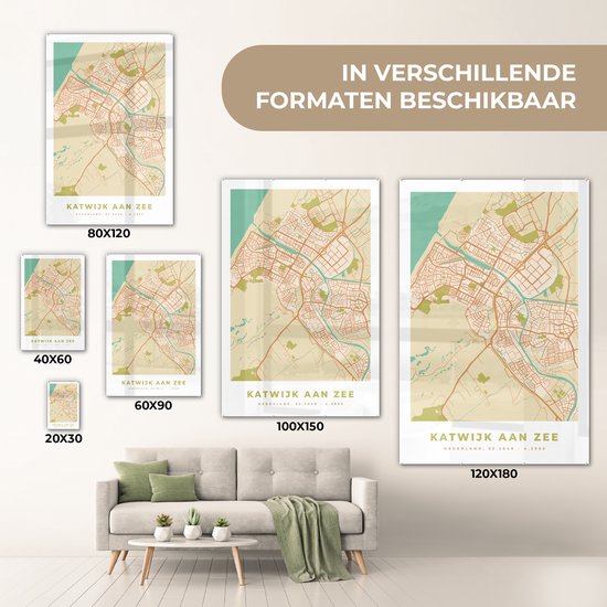 MuchoWow® Peinture sur verre 80x120 cm - Peinture sur verre acrylique - Carte - Katwijk aan Zee - Vintage - Photo sur verre - Peintures - Plan de la ville