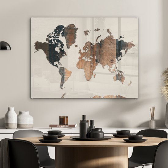 Peinture sur Verre - Carte du Wereldkaart - Bois - Planche - 80x60 cm - Peintures sur Verre Peintures - Photo sur Glas