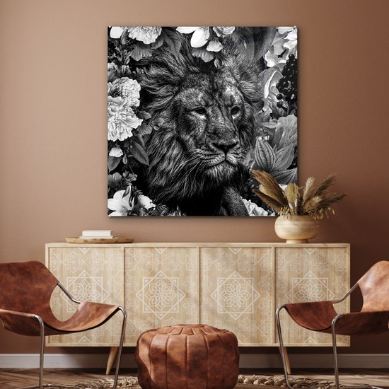 Peinture sur Verre - Lion - Fleurs - Feuille - Zwart - Wit - 90x90 cm - Peintures sur Verre Peintures - Photo sur Glas