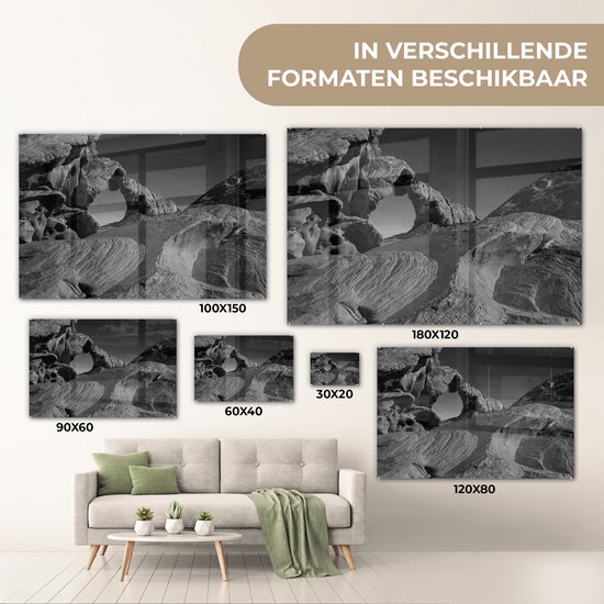 MuchoWow® Peinture sur verre 150x100 cm - Peinture sur verre acrylique - Rochers de grès - noir et blanc - Photo sur verre - Peintures