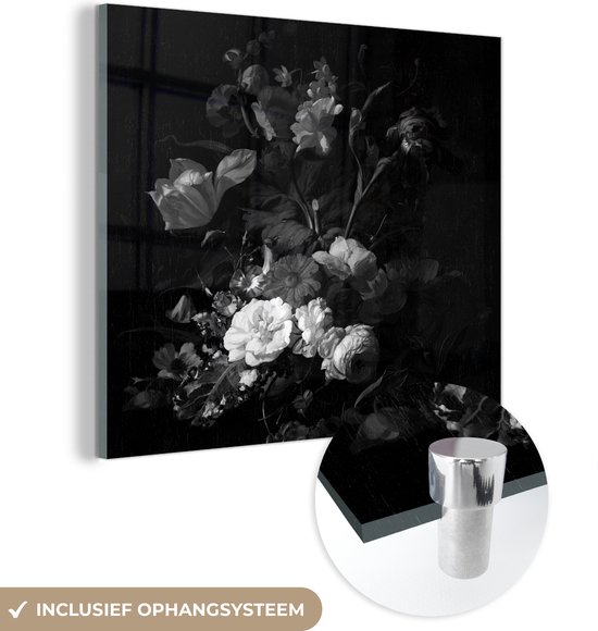 MuchoWow® Glasschilderij 20x20 cm - Schilderij acrylglas - Vaas met bloemen - Schilderij van Rachel Ruysch - zwart wit - Foto op glas - Schilderijen